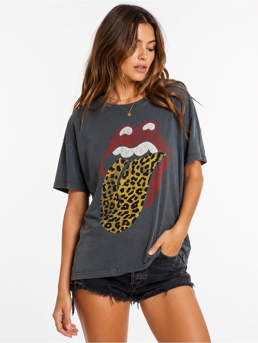 Daydreamer Rolling Stones Leopard Tongue Graphic Tee Women’s M Charcoal Oversize